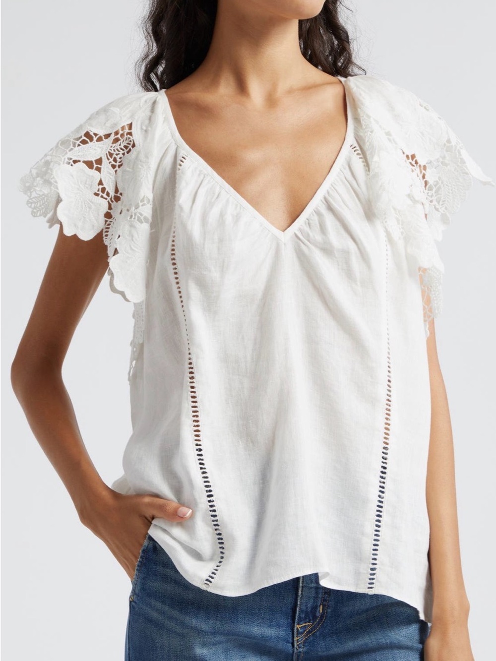 NWT Ramy Brook Hillary Lace Sleeve‎ Linen Top White Size XS